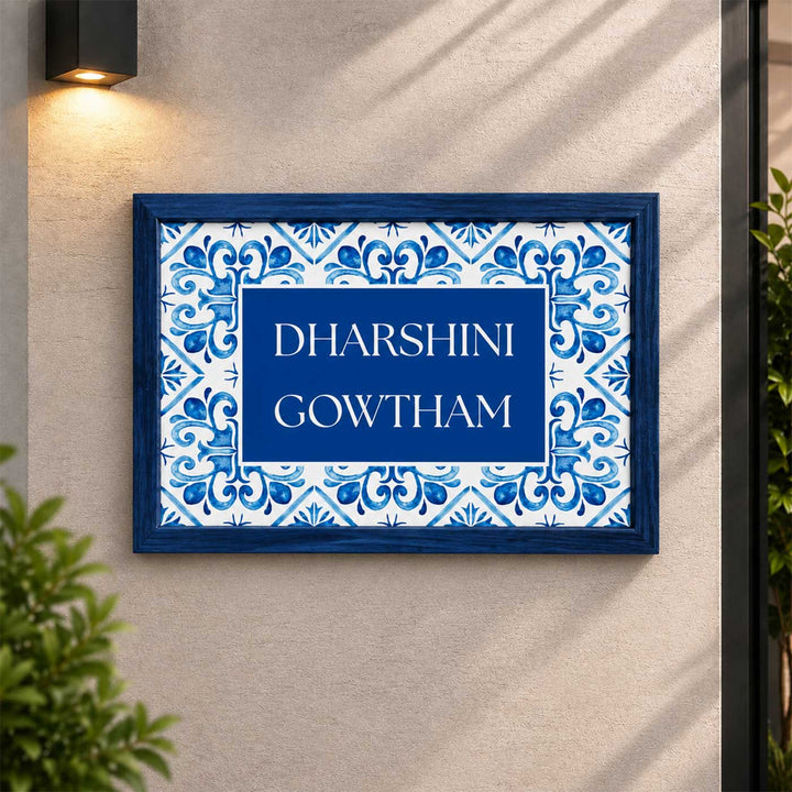 Blue Tile Vintage Personalized Rectangle Resin & Teak Wood Frame Name Plate For Home