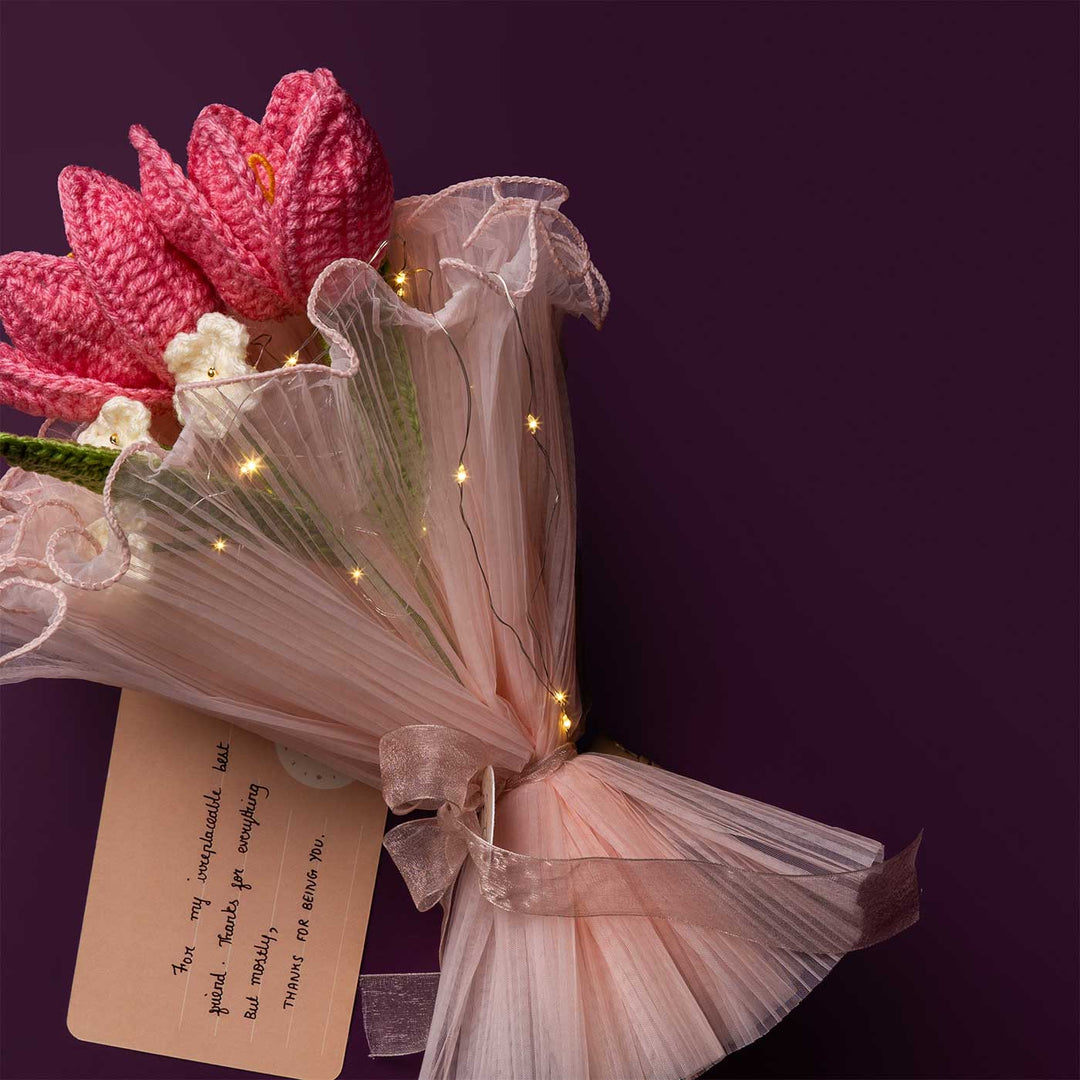Handmade Crochet Misty Pink Flower Bouquet With Lights | Includes Photo & Greeting Card