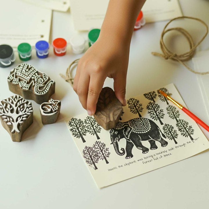 The Mighty Elephant And The Tiny Mouse Panchatantra Block Printing DIY Kit | 5 Stamps, Poster Colours, Painting Brush, Printing Pads, Story Cards  And Jute String