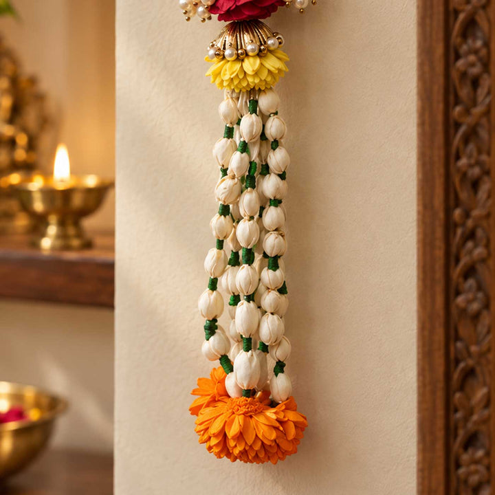 2 Pc | Handmade Shubh Labh Sola Wood Flower Wall Hangings With Pearl Ring & Jasmine Bud Strands
