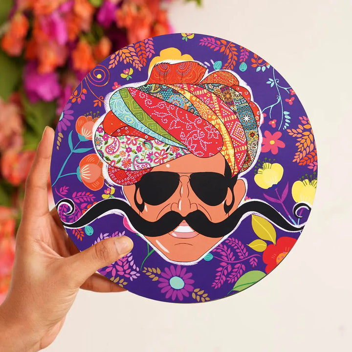 Printed Round Rajasthani Man Theme MDF Wood Wall Decor