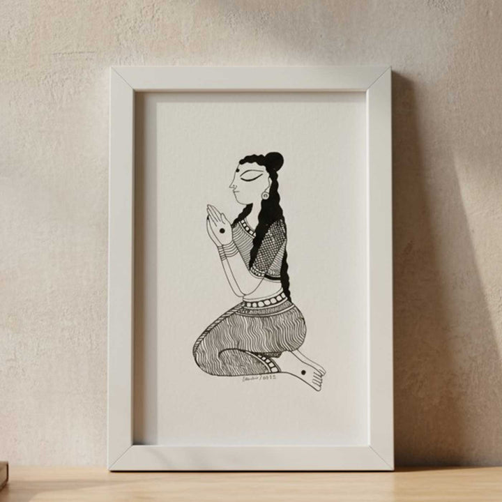 6 x 9 Inch | Namaskar Yoga Pose | Minimalist Black & White Mudhubani Style Line Drawing With Frame