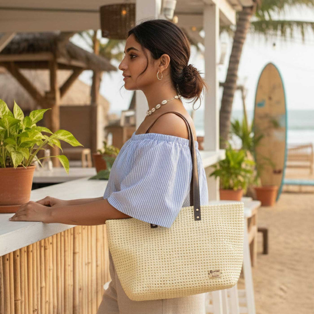 Off White Solid Mukhya Knot Handmade Koodai Beach Bag