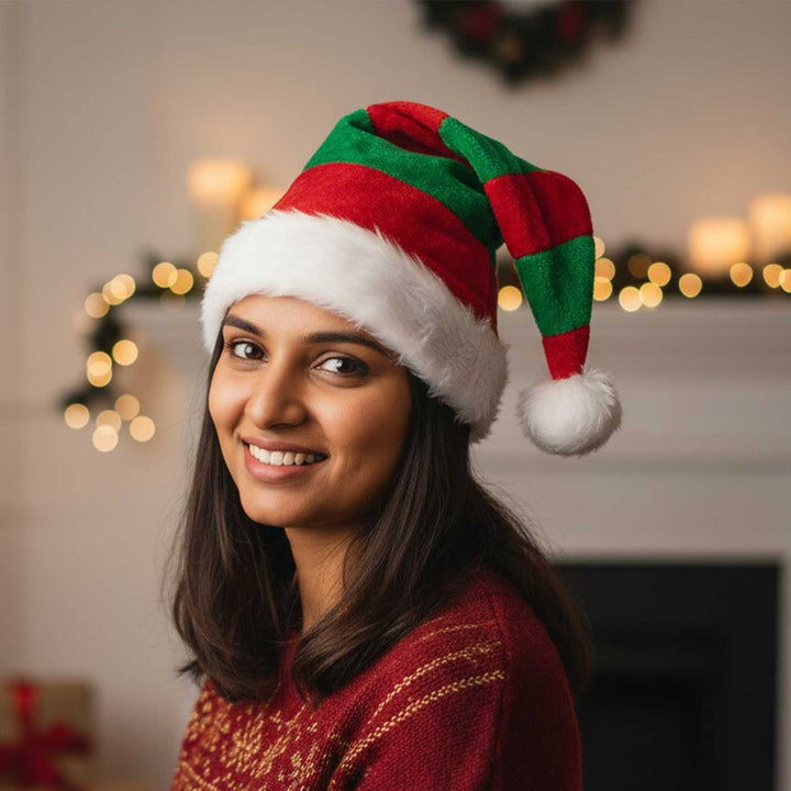 Handmade Green & Red Stripes Furry Velvet Santa Hat | Xmas Gifting Ideas