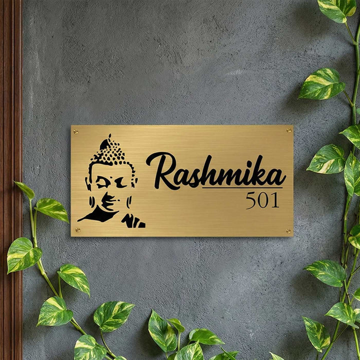Buddha Engraved Personalized Golden Metal Name Plate | Rectangular, Outdoor, Weather Proof