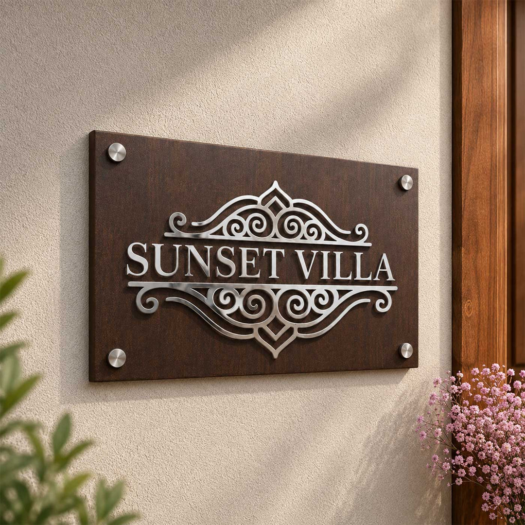 Personalized Ornate Design Villa Rubber Wood Name Plate With 3D Metal Text For Home