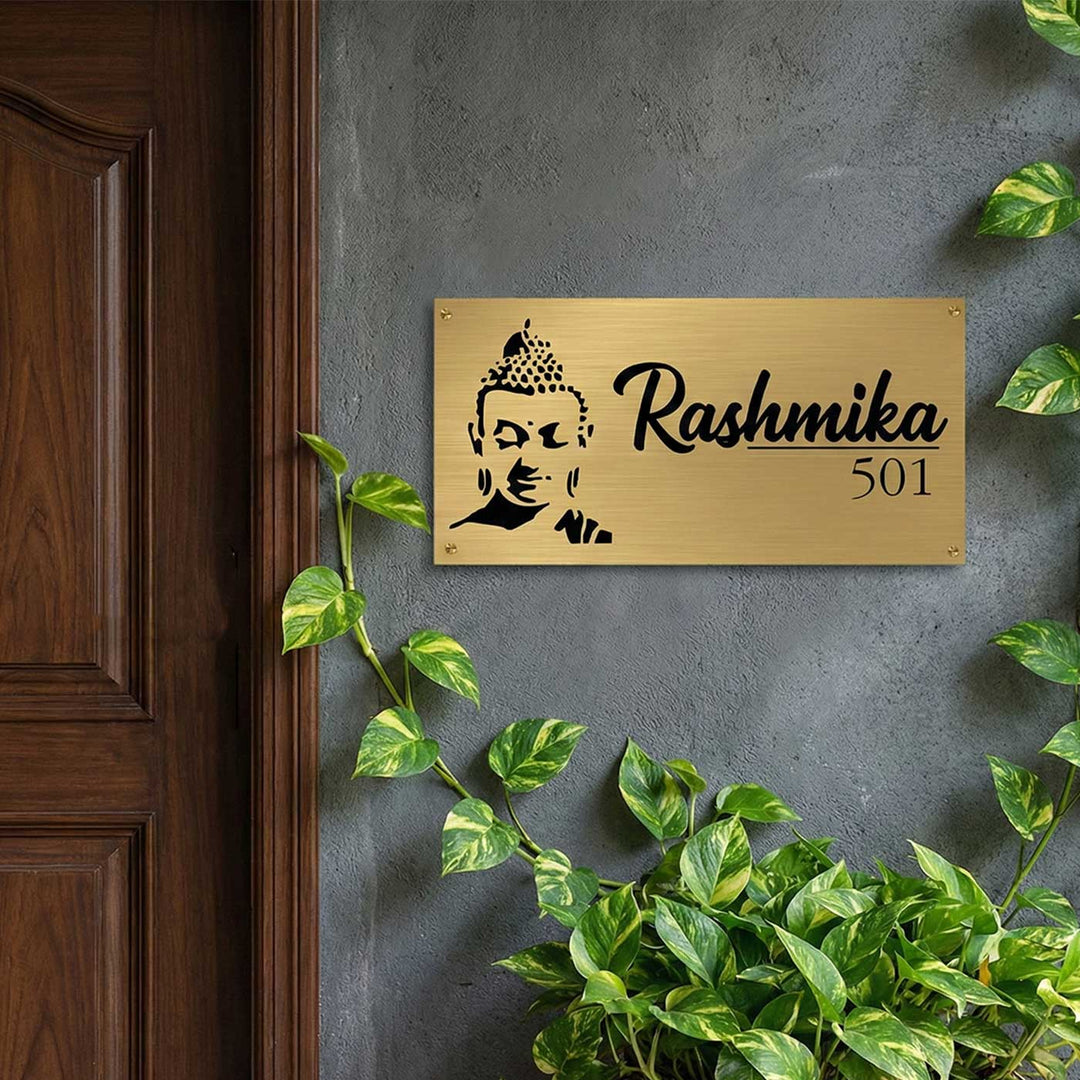 Buddha Engraved Personalized Golden Metal Name Plate | Rectangular, Outdoor, Weather Proof