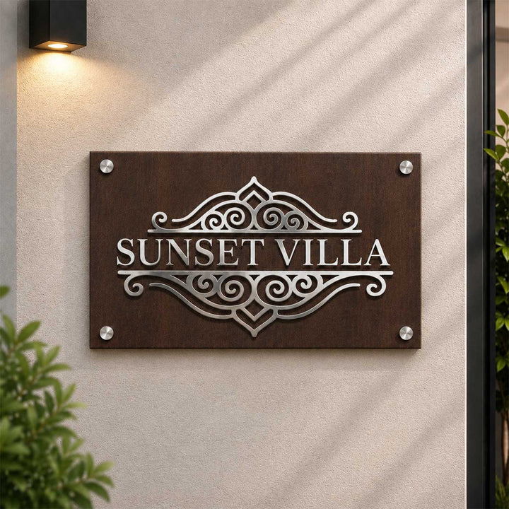Personalized Ornate Design Villa Rubber Wood Name Plate With 3D Metal Text For Home