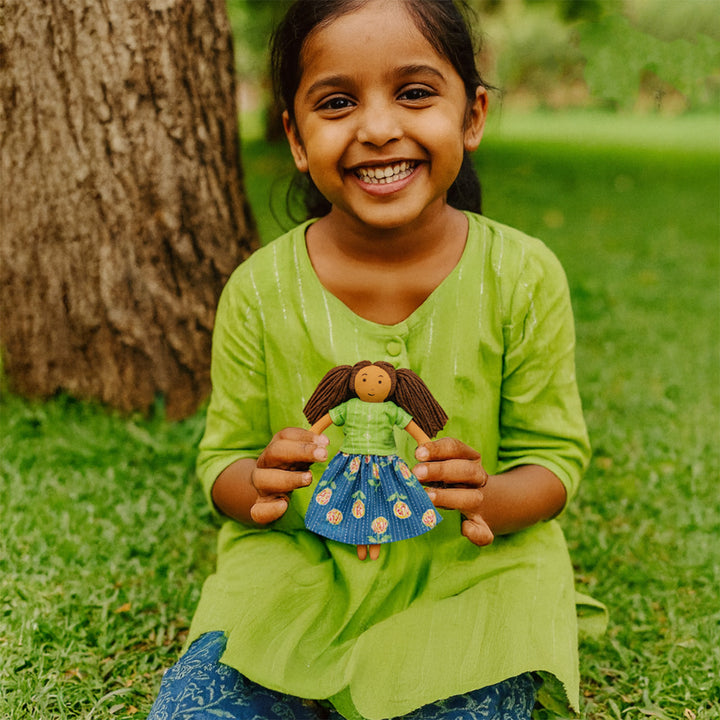 Nilah's (Younger Sister) Mira In Green & Blue Dress | Soft Hand-Stitched Sustainable Indian Play Doll