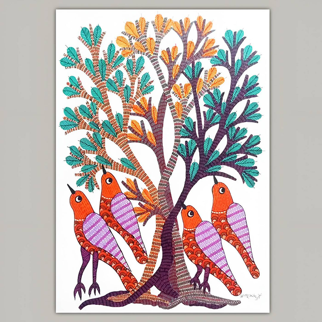 11 x 16 Inch | Birds Resting Under Tree | Original Hand Painted Tribal Gond Art Painting | Acrylic Paint On Paper