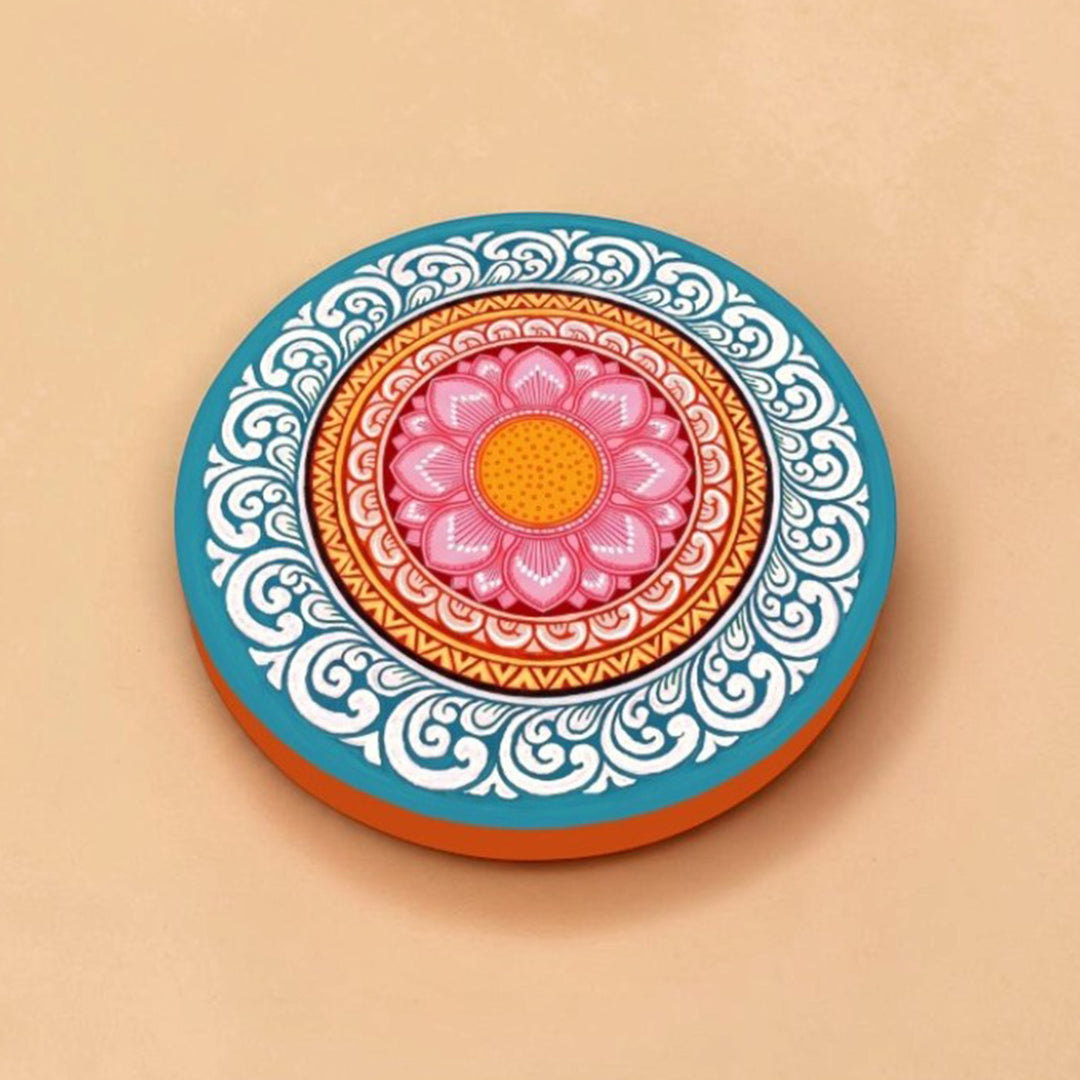Handmade Kamalmandal Lotus Mandala MDF Wood Round Tealight Holder For Festive Decor
