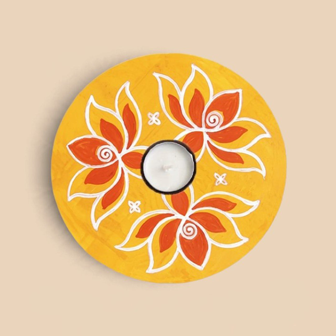 Handmade Mangalam Yellow Floral MDF Wood Round Tealight Holder For Festive Decor