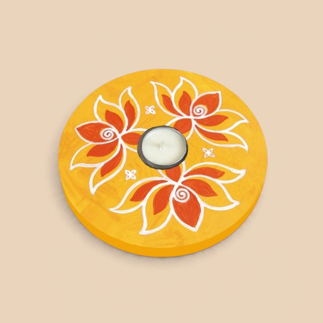 Handmade Mangalam Yellow Floral MDF Wood Round Tealight Holder For Festive Decor