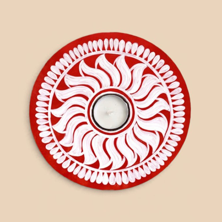 Handmade Chakra Red Swirl Mandala MDF Wood Round Tealight Holder For Festive Decor