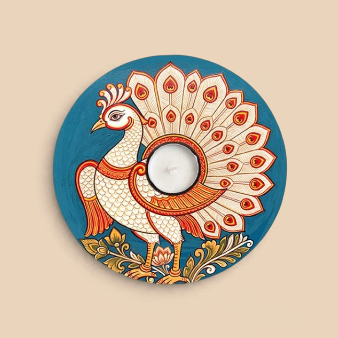 Handmade Mayur Peacock Motif MDF Wood Round Tealight Holder For Festive Decor