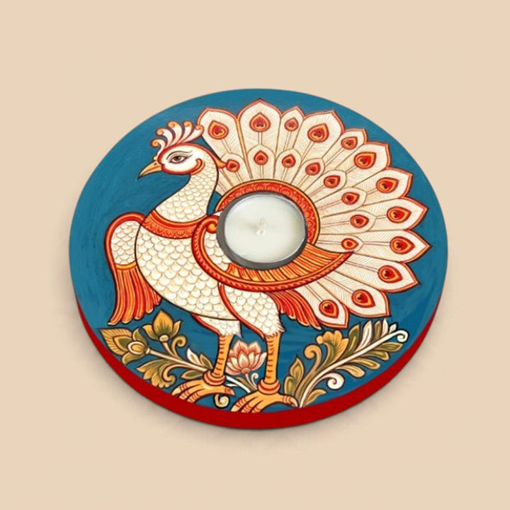 Handmade Mayur Peacock Motif MDF Wood Round Tealight Holder For Festive Decor