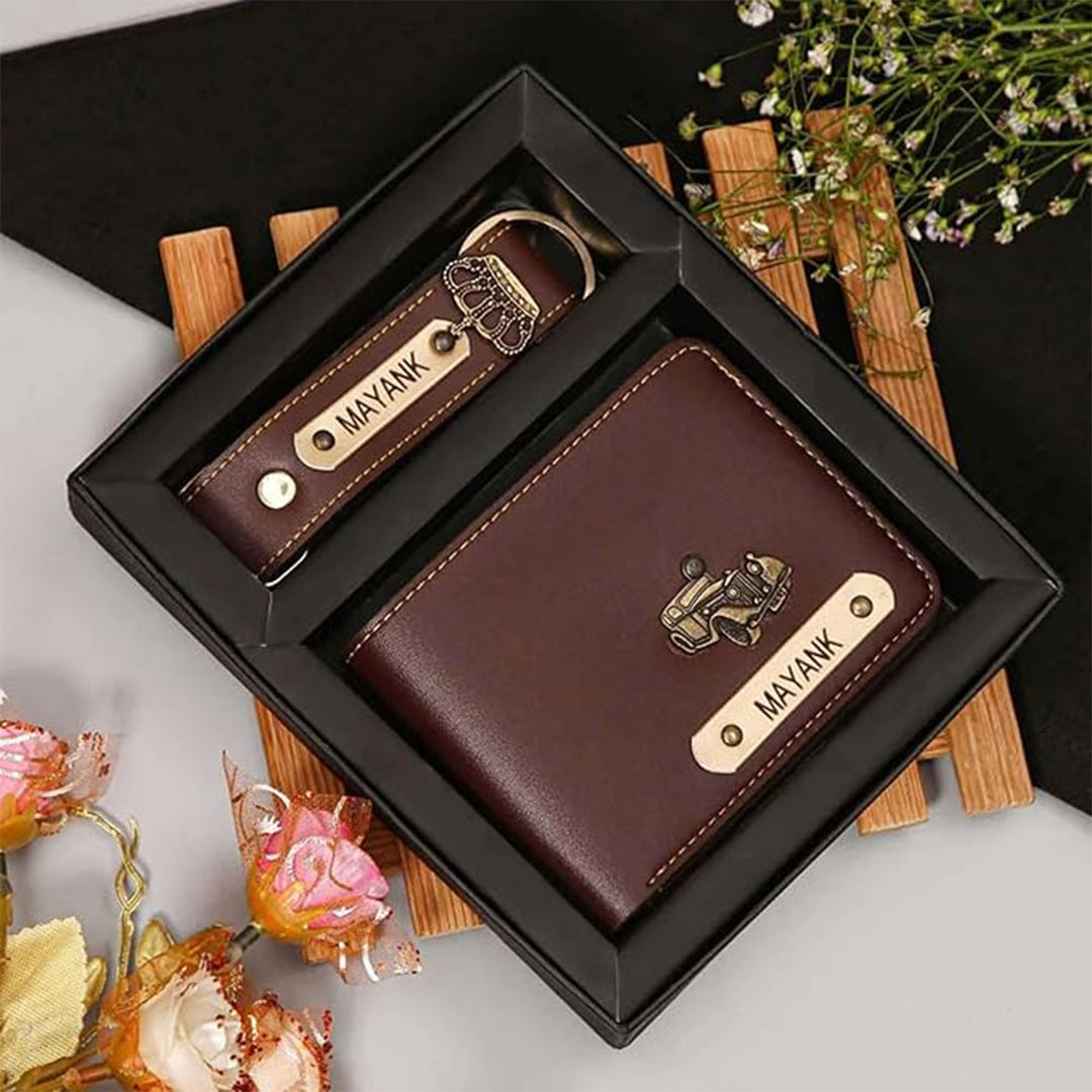 2 Pc | Personalized Faux Leather Gift Set For Men | Includes 1 Wallet, 1 Keychain