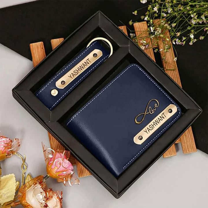 2 Pc | Personalized Faux Leather Gift Set For Men | Includes 1 Wallet, 1 Keychain