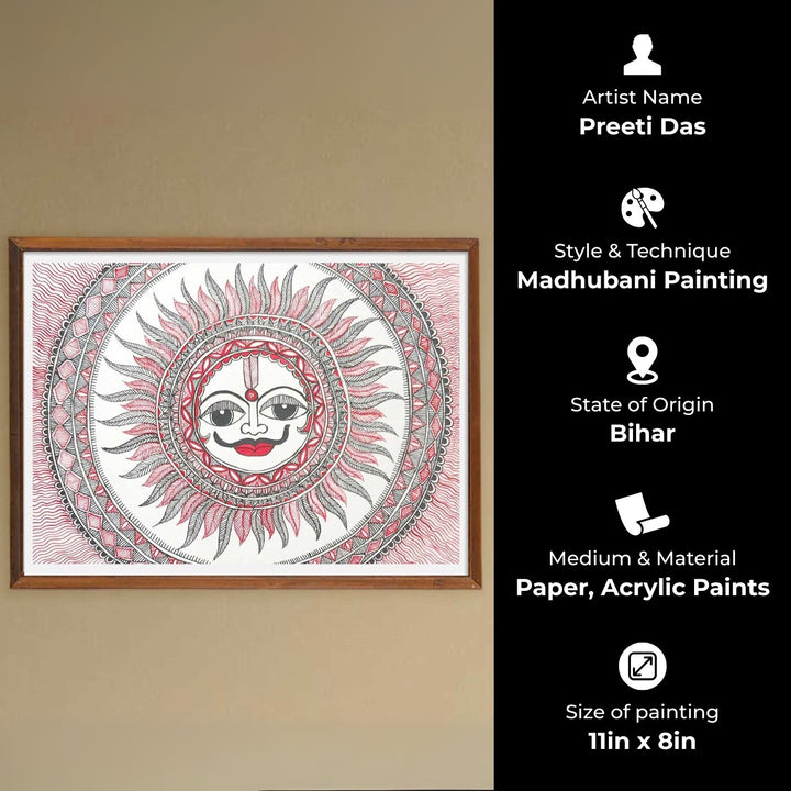 11 x 8 Inch | The Radiant Guardian Sun | Original Hand Painted Madhubani Painting | Nib Ink On Paper