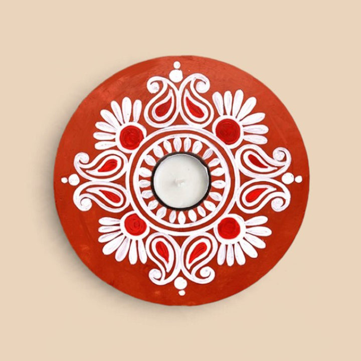 Handmade Madhobi Paisley Floral MDF Wood Round Tealight Holder For Festive Decor