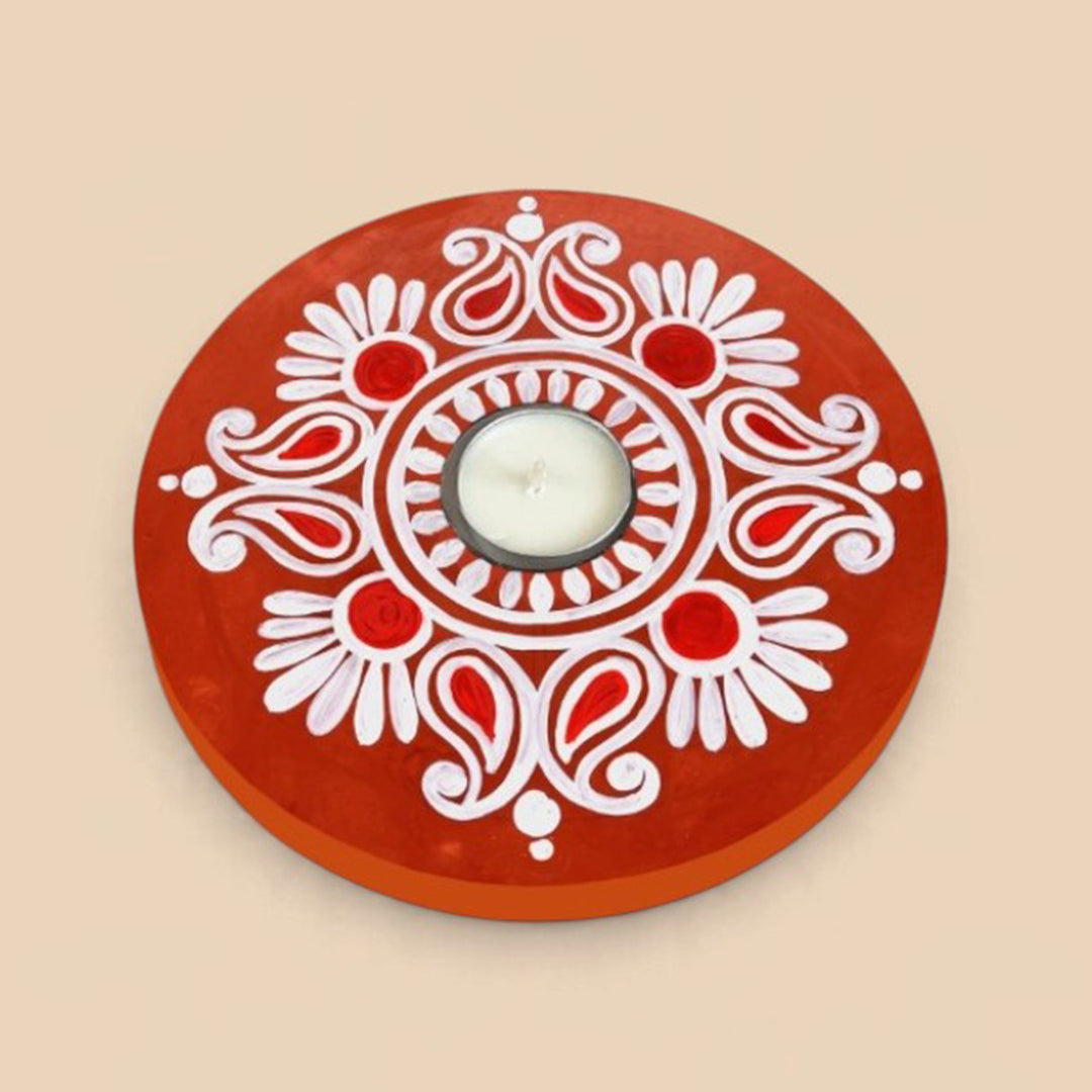 Handmade Madhobi Paisley Floral MDF Wood Round Tealight Holder For Festive Decor