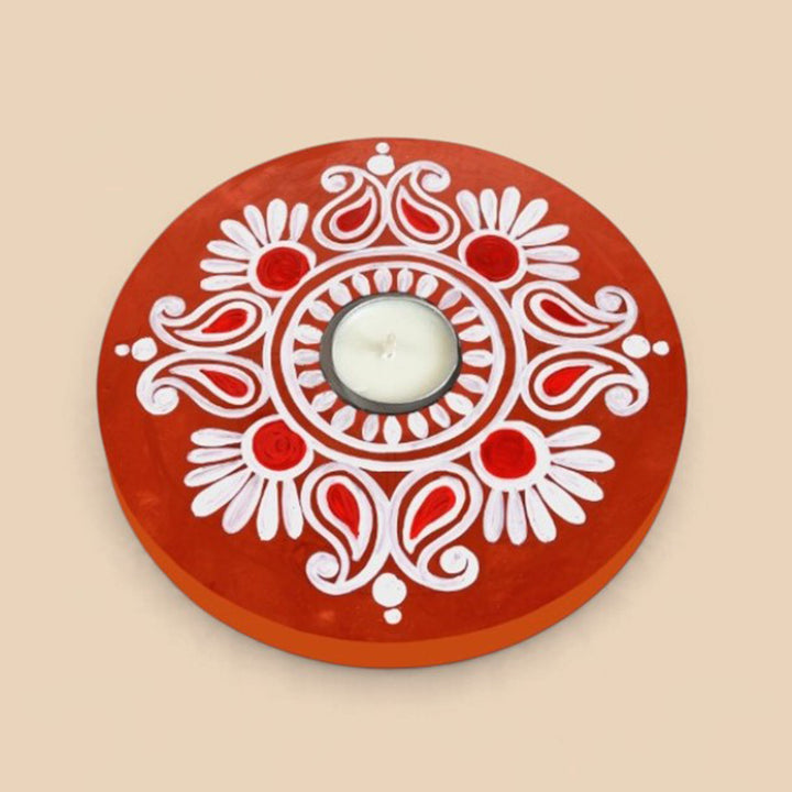 Handmade Madhobi Paisley Floral MDF Wood Round Tealight Holder For Festive Decor
