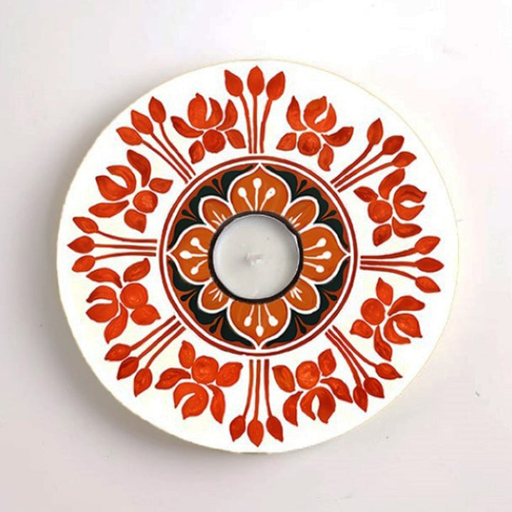 Handmade Kesari Saffron Floral MDF Wood Round Tealight Holder For Festive Decor