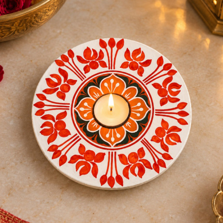 Handmade Kesari Saffron Floral MDF Wood Round Tealight Holder For Festive Decor