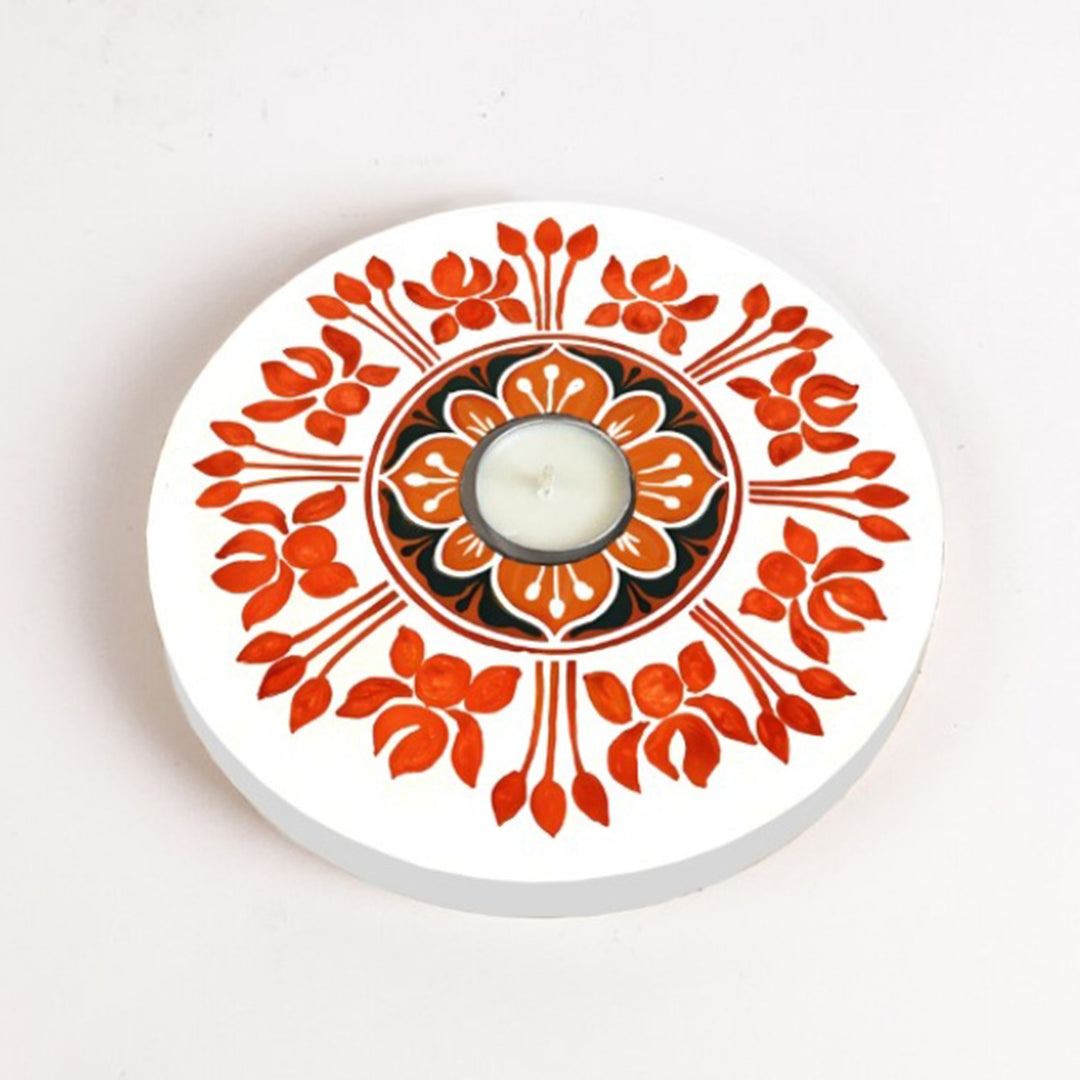 Handmade Kesari Saffron Floral MDF Wood Round Tealight Holder For Festive Decor