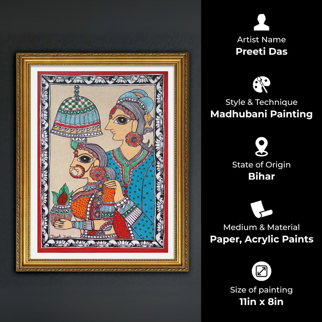 11 x 8 Inch | Dulha Dulhan | Original Hand Painted Madhubani Painting | Nib Acrylic On Paper