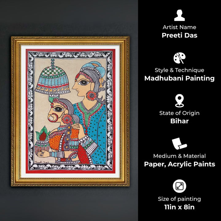 11 x 8 Inch | Dulha Dulhan | Original Hand Painted Madhubani Painting | Nib Acrylic On Paper