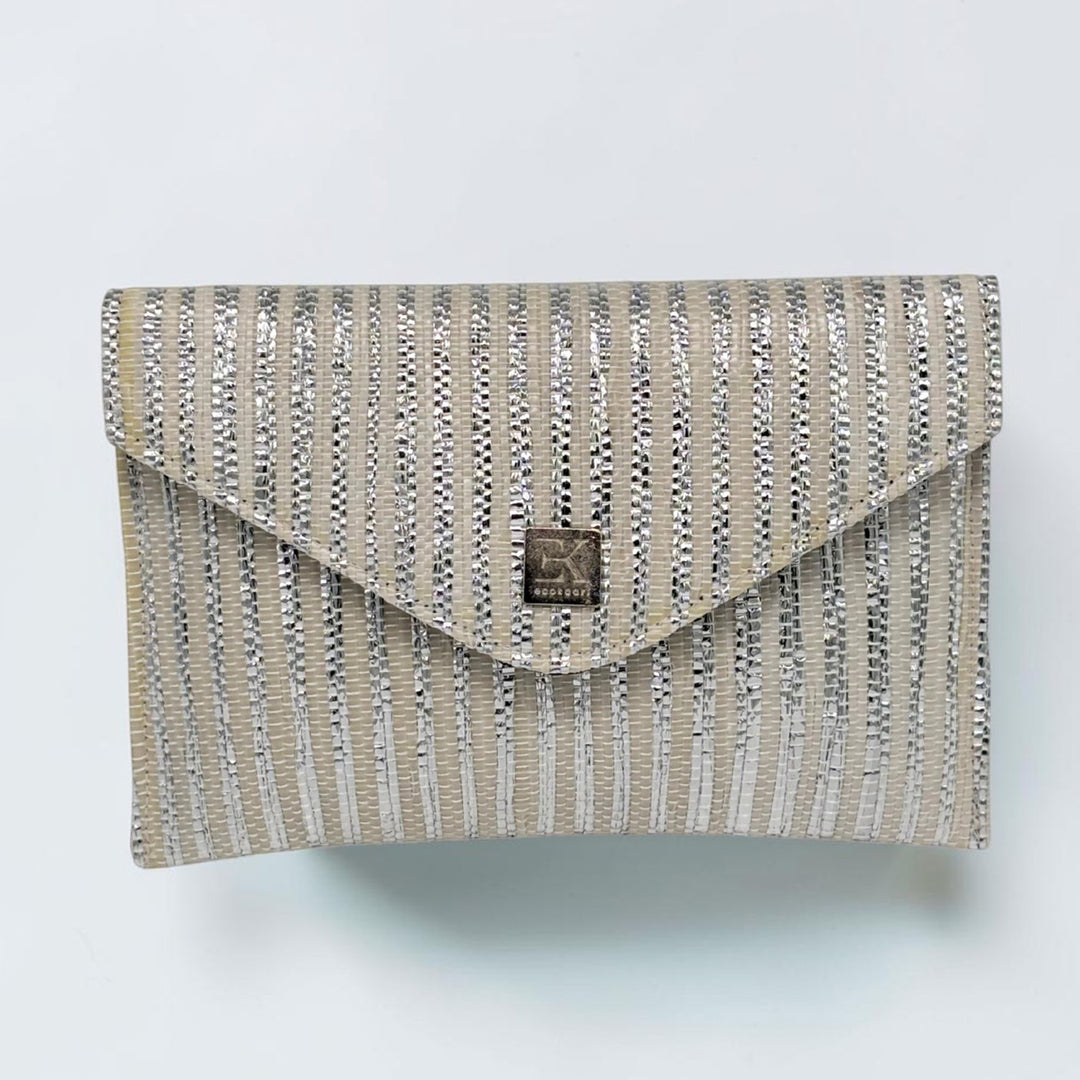 White and Silver Striped Upcycled Plastic Handcrafted Envelope Clutch Sling