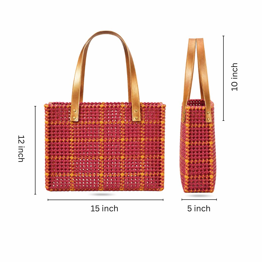 "Banarasi" Maroon & Gold Checks Handmade Wire Koodai Tote Bag