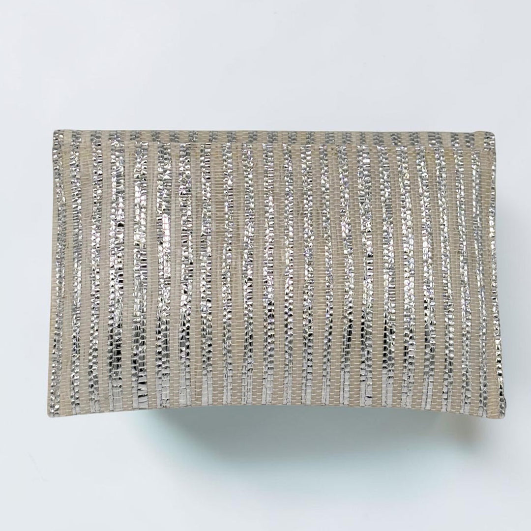 White and Silver Striped Upcycled Plastic Handcrafted Envelope Clutch Sling