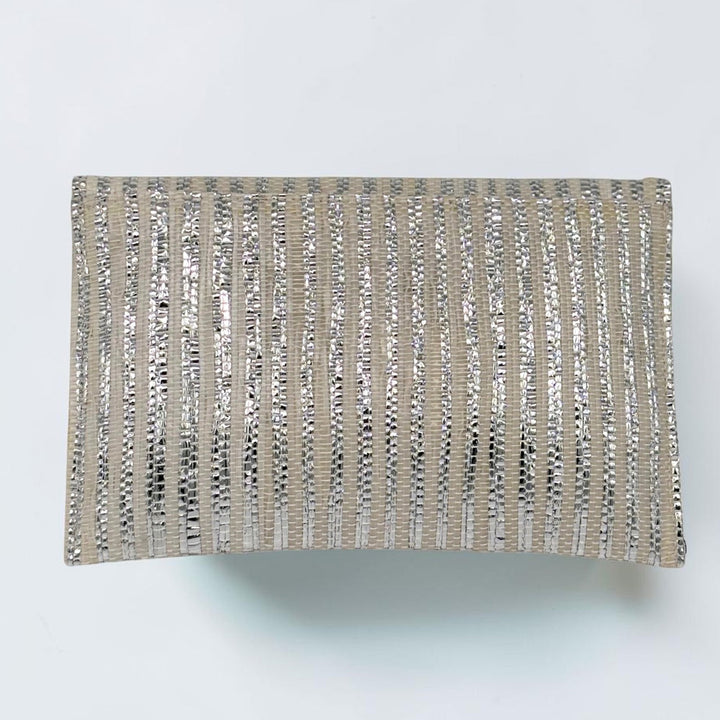 White and Silver Striped Upcycled Plastic Handcrafted Envelope Clutch Sling