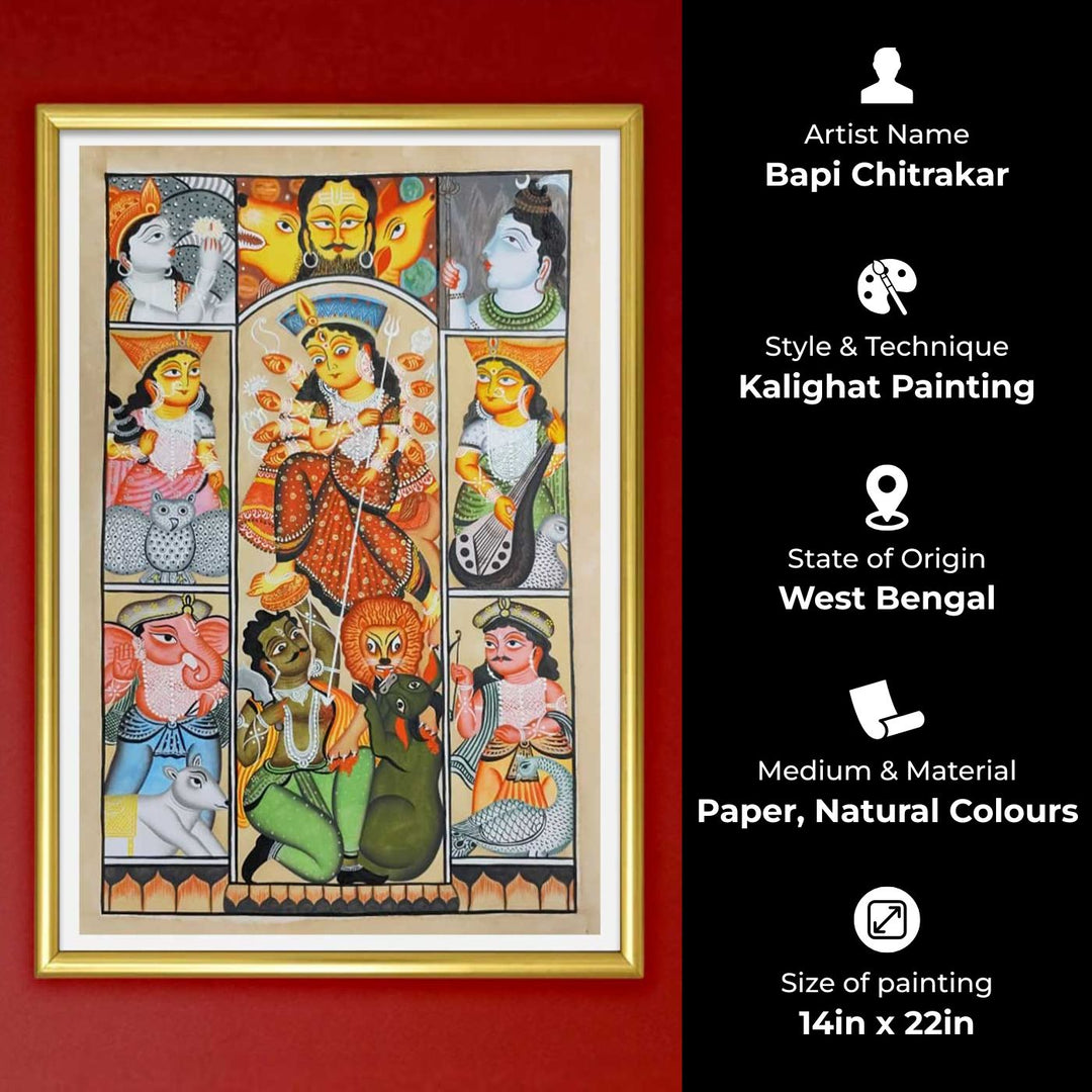 14 x 22 Inch | Durga Mahishasura Mardini | Original Hand Painted Kalighat Painting | Natural Colors On Paper