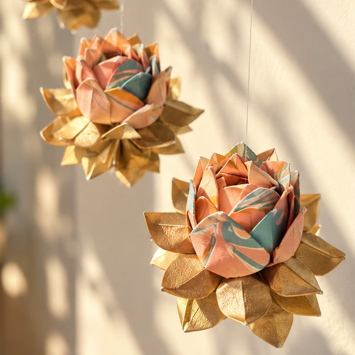 2 Pc | Hand-Marbled Origami Lotus Hanging In Tree-Free Paper - Blush Pink & Gold