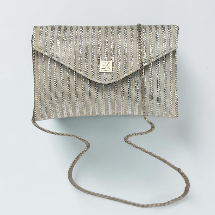 White and Silver Striped Upcycled Plastic Handcrafted Envelope Clutch Sling