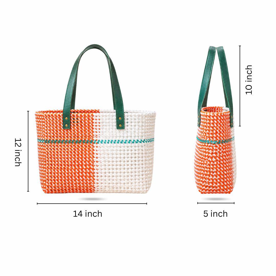 "Anand" Tricolour Colour Block Handmade Wire Koodai Tote Bag With Crochet Marigold Charm