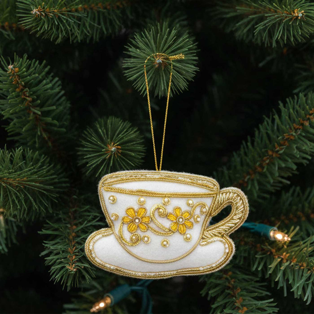 2 Pc | White And Gold Tea Set Cotton Premium Zardozi Ornament
