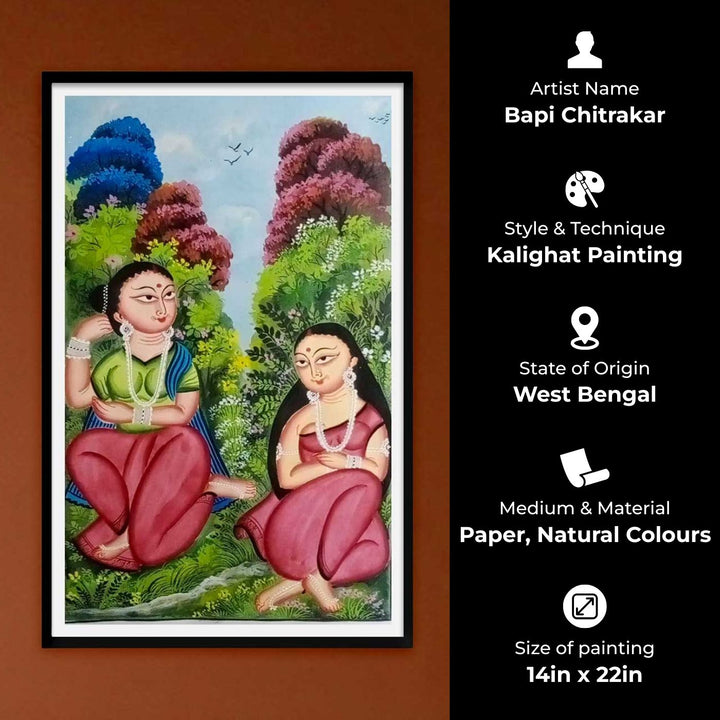 14 x 22 Inch | Ladies of the Land | Original Hand Painted Kalighat Painting | Natural Colors On Paper