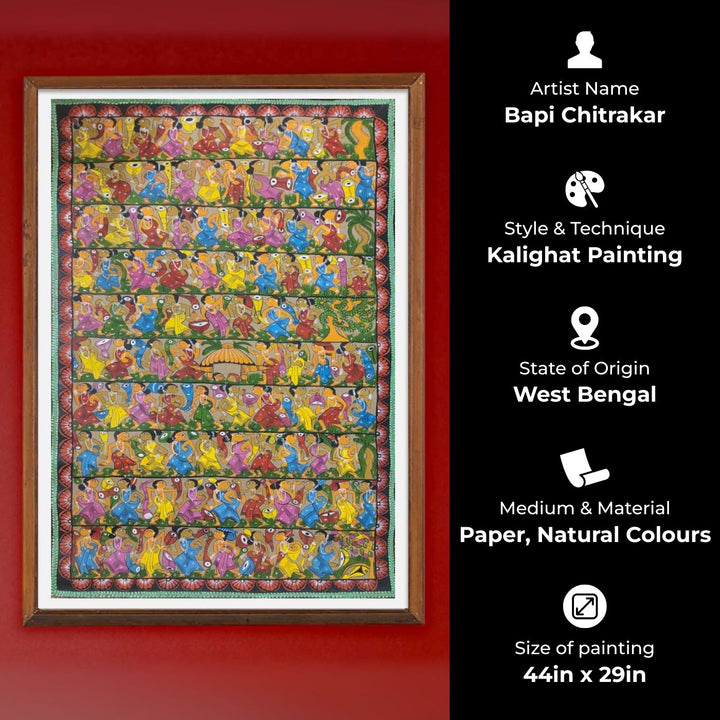 44 x 29 Inch | Ras Leela of Lord Krishna | Original Hand Painted Kalighat Painting | Natural Colors On Paper