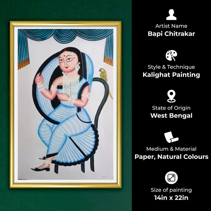 14 x 22 Inch | Kalighat Sundari | Original Hand Painted Kalighat Painting | Natural Colors On Paper