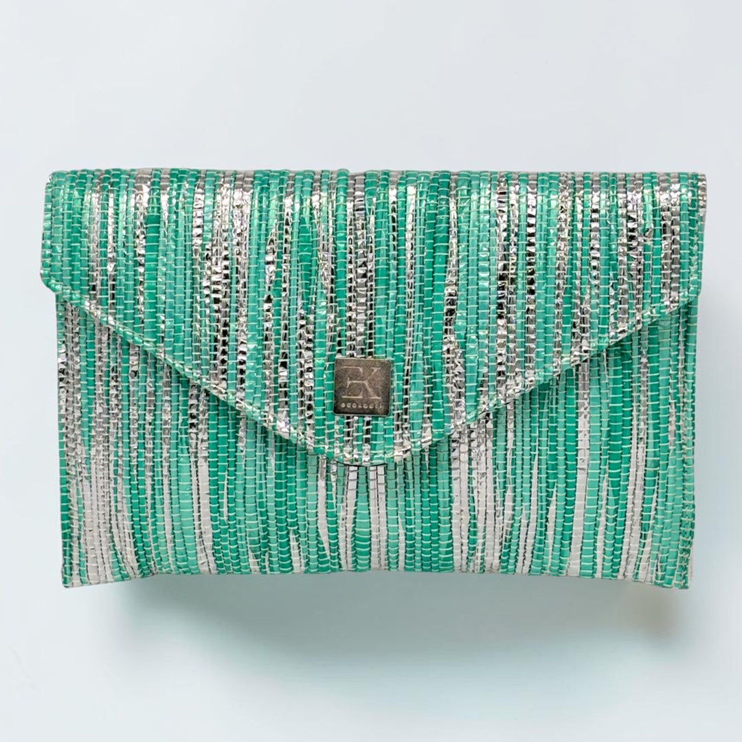 Sea Blue and Silver Striped Upcycled Plastic Handcrafted Envelope Clutch Sling