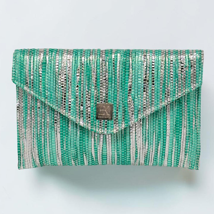 Sea Blue and Silver Striped Upcycled Plastic Handcrafted Envelope Clutch Sling