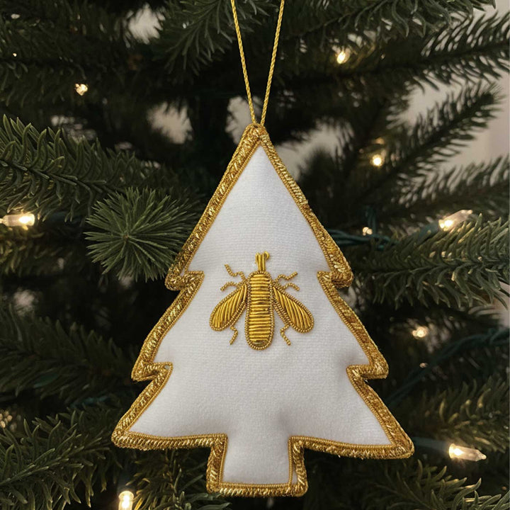 White Christmas Tree With Bee Premium Zardozi Ornament