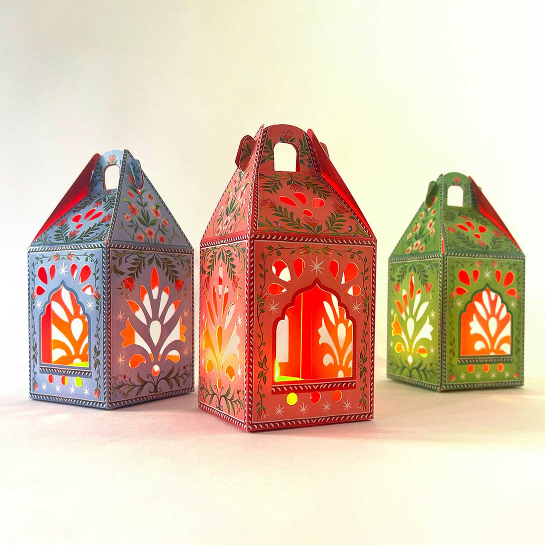 Handmade DIY Lantern Design Paper Tealight Holder With Electic Tealights | Set Of 6