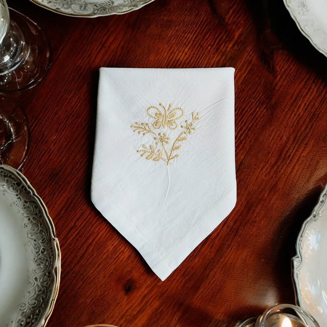 Hand Embroidered Butterfly Theme Chikankari Cotton Napkin | Set Of 4