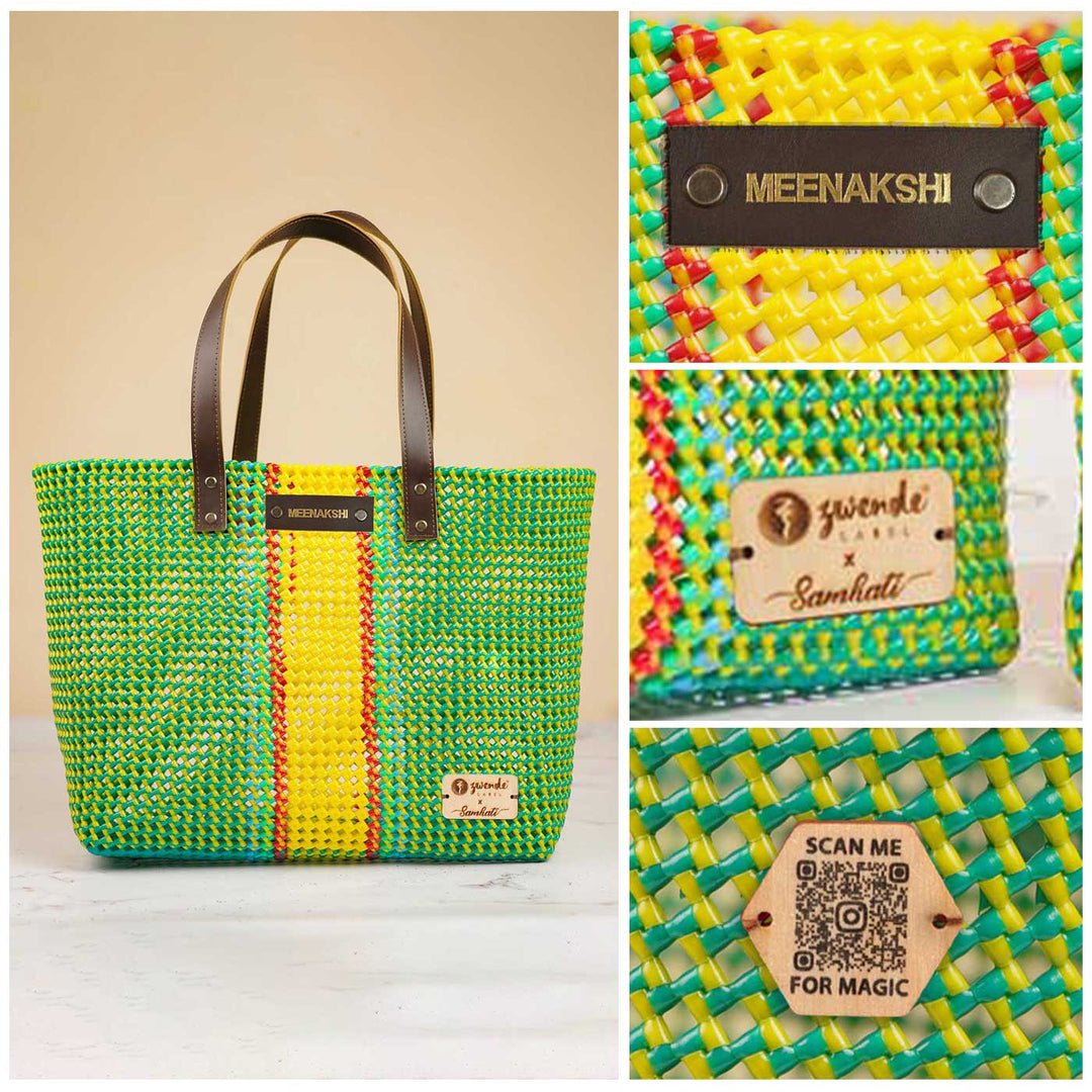 Green And Yellow Line Mukhya Knot Handmade Koodai Beach Bag