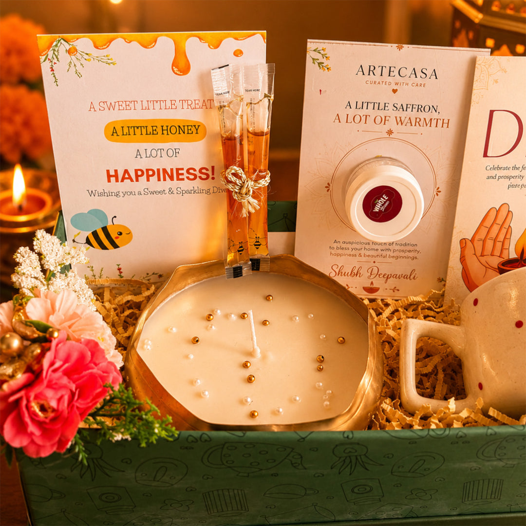 Green Aura Diwali Gift Hamper With Mug And Urli Soy Wax Scented Candle For Festive Gifting